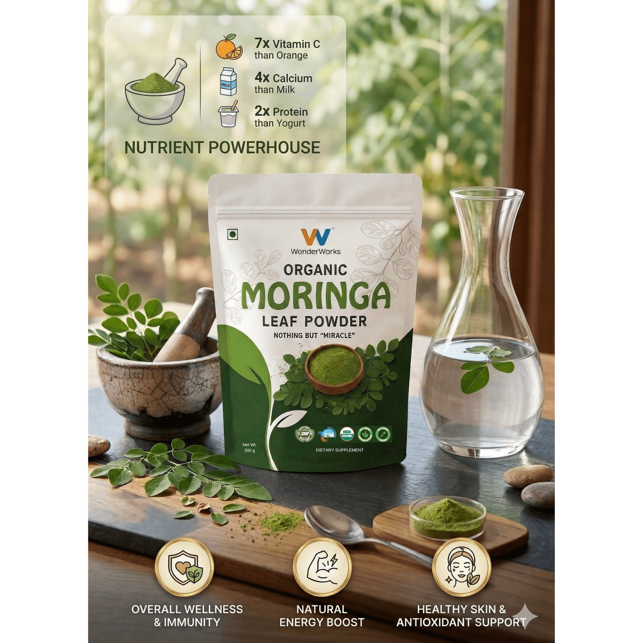 Wonderworks™ Organic moringa leaf powder- USDA certified | Made with pure moringa leaves | Immunity & Energy Booster | Vegan | Gluten-Free | 200 g - Image 11