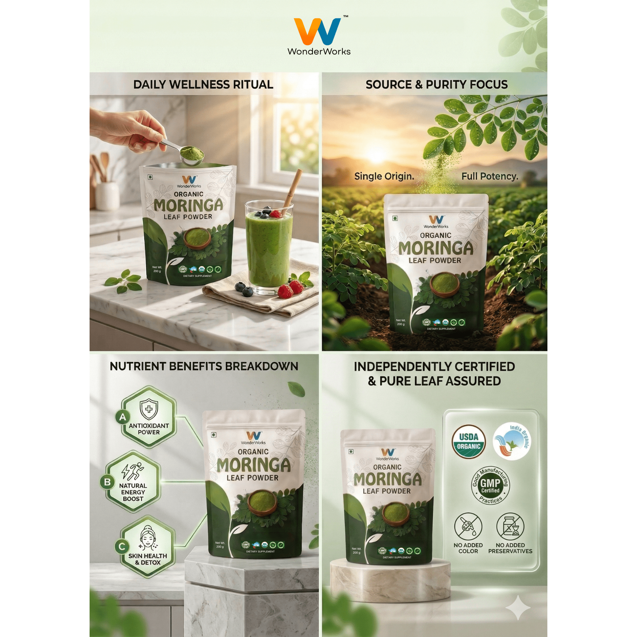Wonderworks™ Organic moringa leaf powder- USDA certified | Made with pure moringa leaves | Immunity & Energy Booster | Vegan | Gluten-Free | 200 g - Image 16