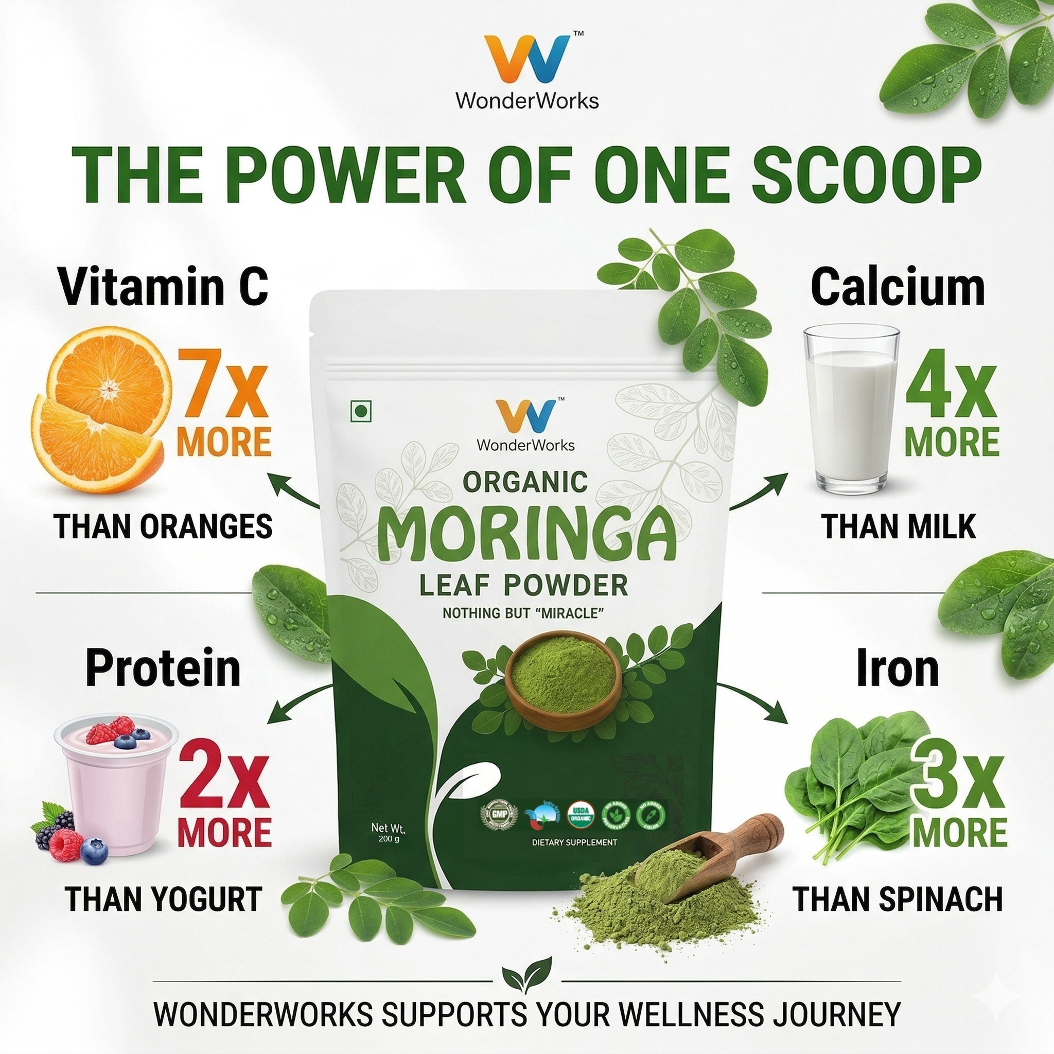 Wonderworks™ Organic moringa leaf powder- USDA certified | Made with pure moringa leaves | Immunity & Energy Booster | Vegan | Gluten-Free | 200 g - Image 2