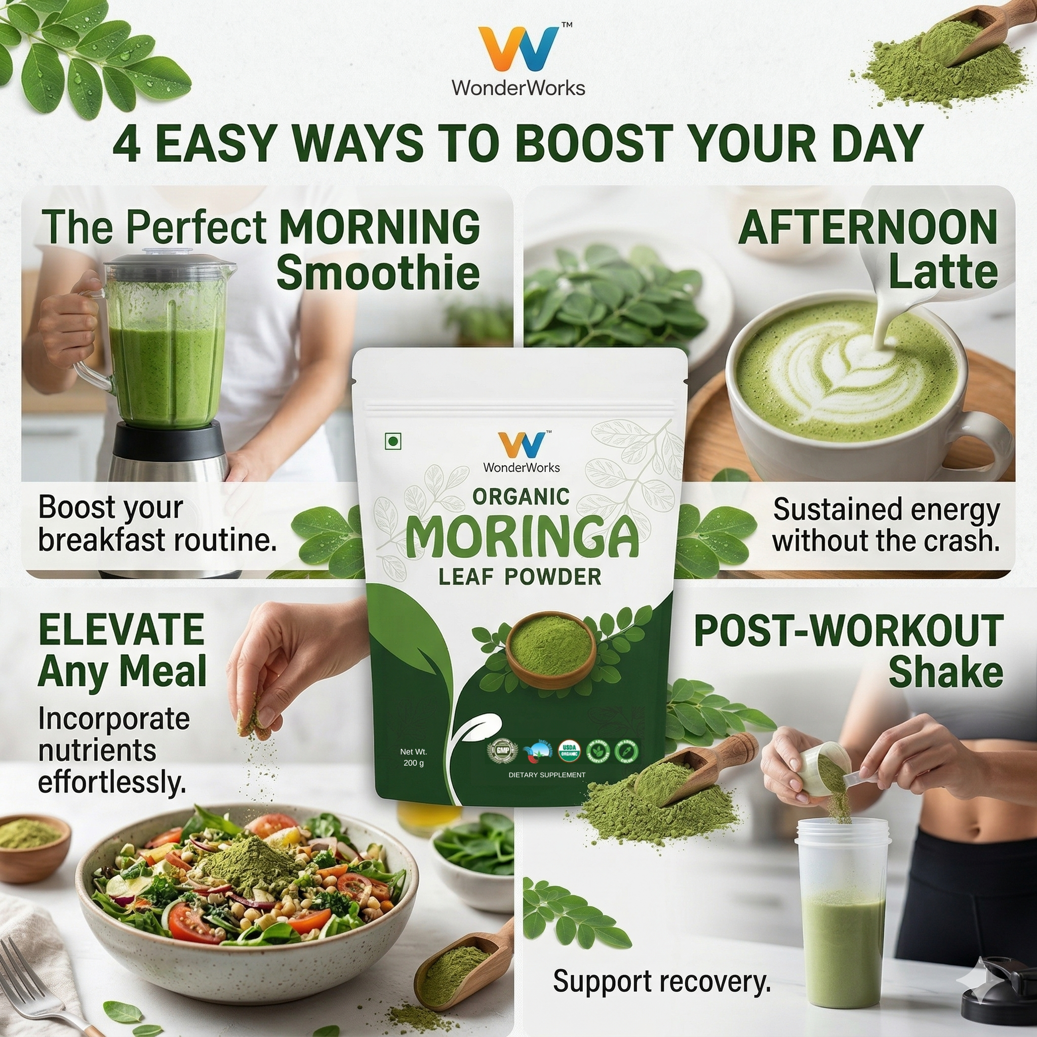 Wonderworks™ Organic moringa leaf powder- USDA certified | Made with pure moringa leaves | Immunity & Energy Booster | Vegan | Gluten-Free | 200 g - Image 4