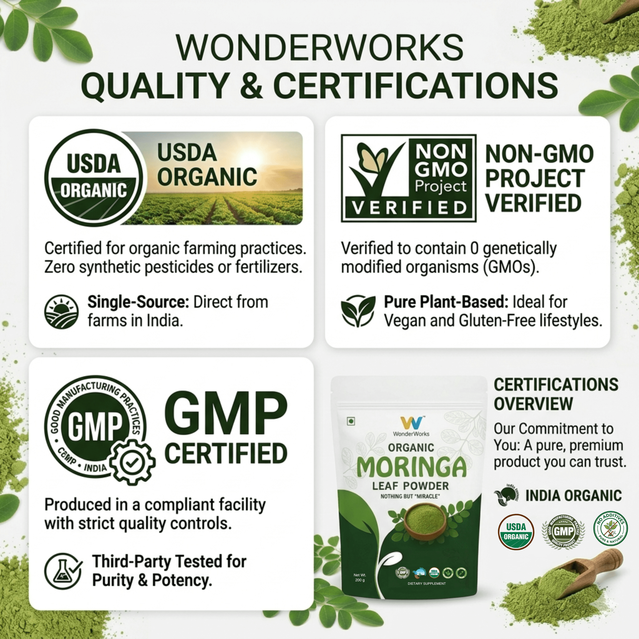 Wonderworks™ Organic moringa leaf powder- USDA certified | Made with pure moringa leaves | Immunity & Energy Booster | Vegan | Gluten-Free | 200 g - Image 6