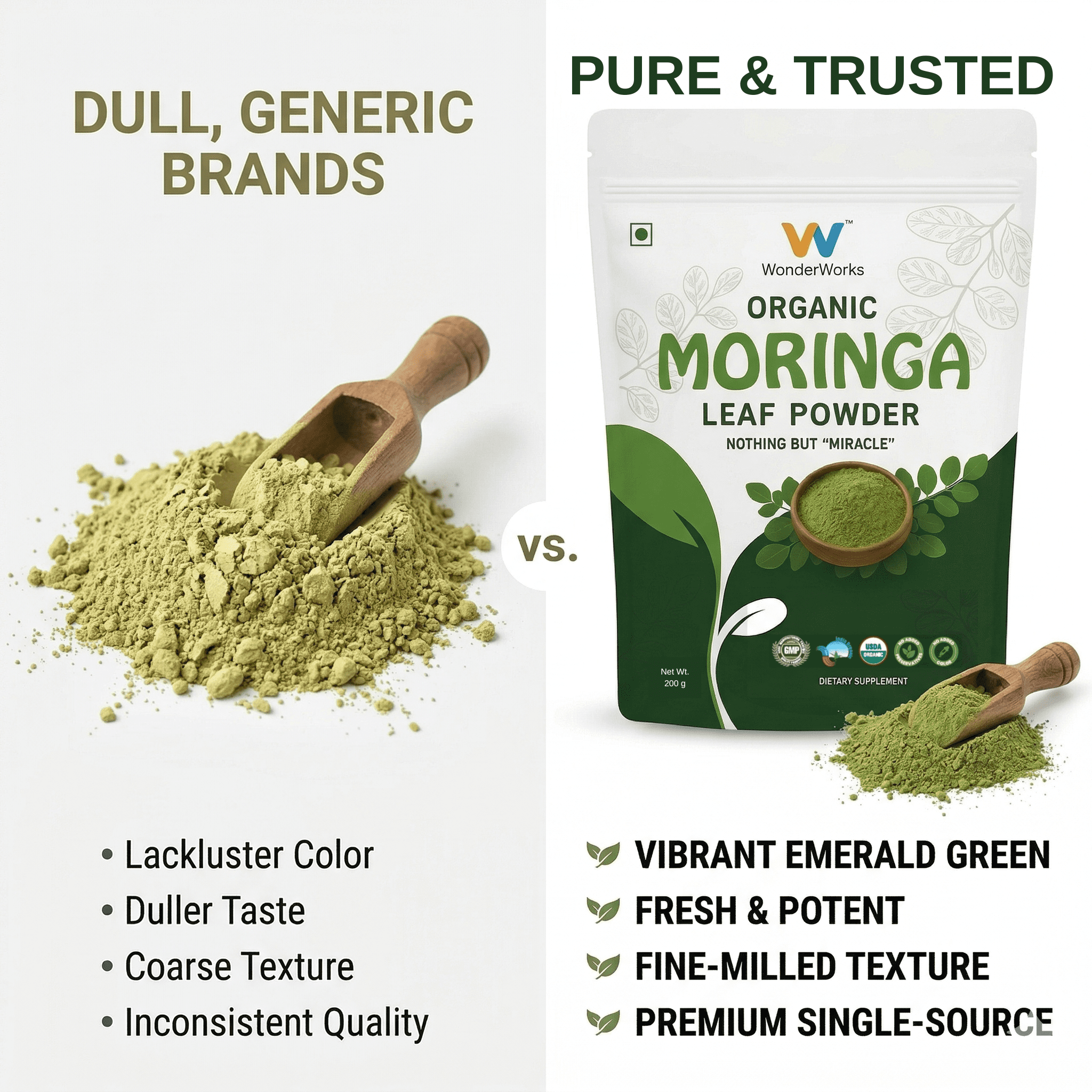 Wonderworks™ Organic moringa leaf powder- USDA certified | Made with pure moringa leaves | Immunity & Energy Booster | Vegan | Gluten-Free | 200 g - Image 3