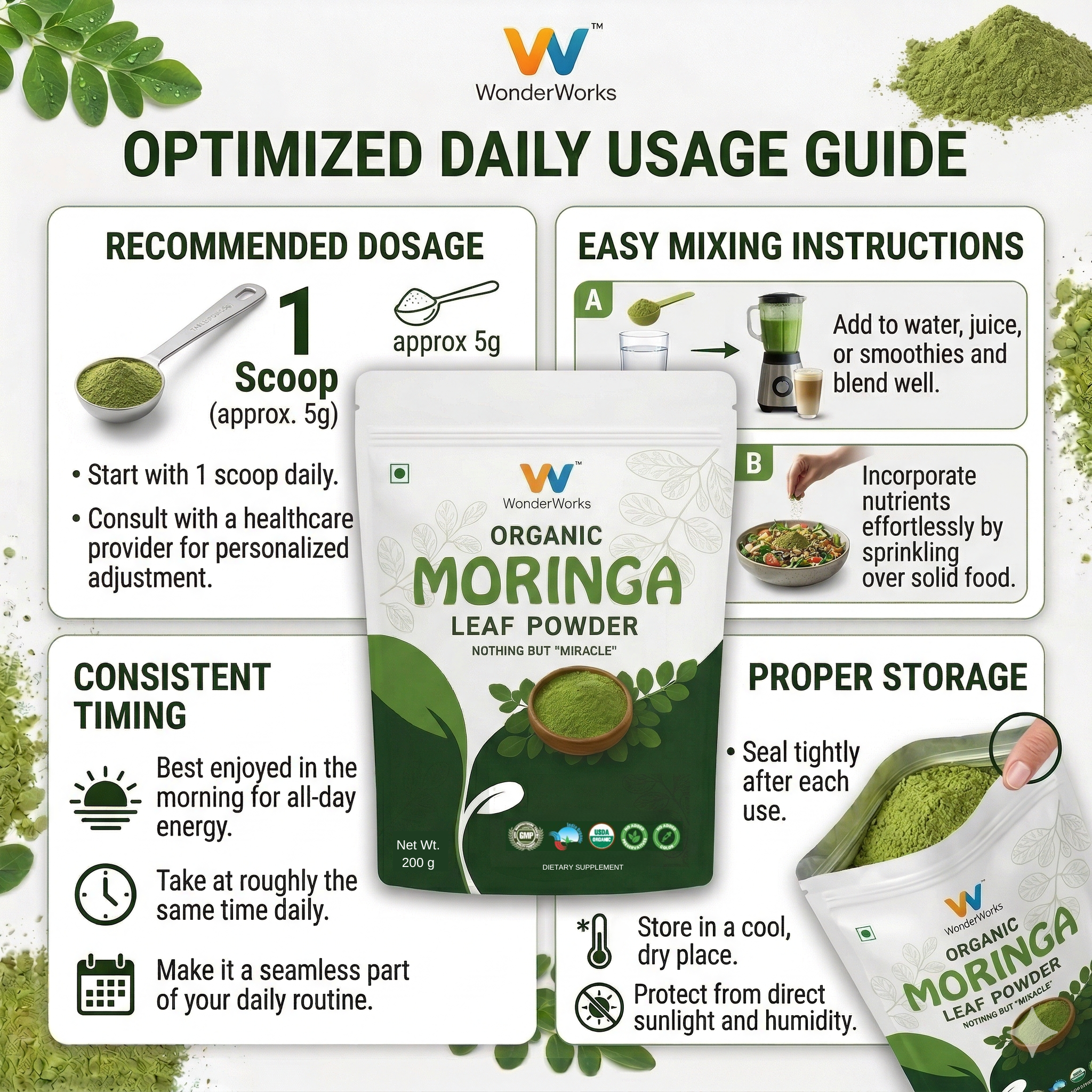 Wonderworks™ Organic moringa leaf powder- USDA certified | Made with pure moringa leaves | Immunity & Energy Booster | Vegan | Gluten-Free | 200 g - Image 9