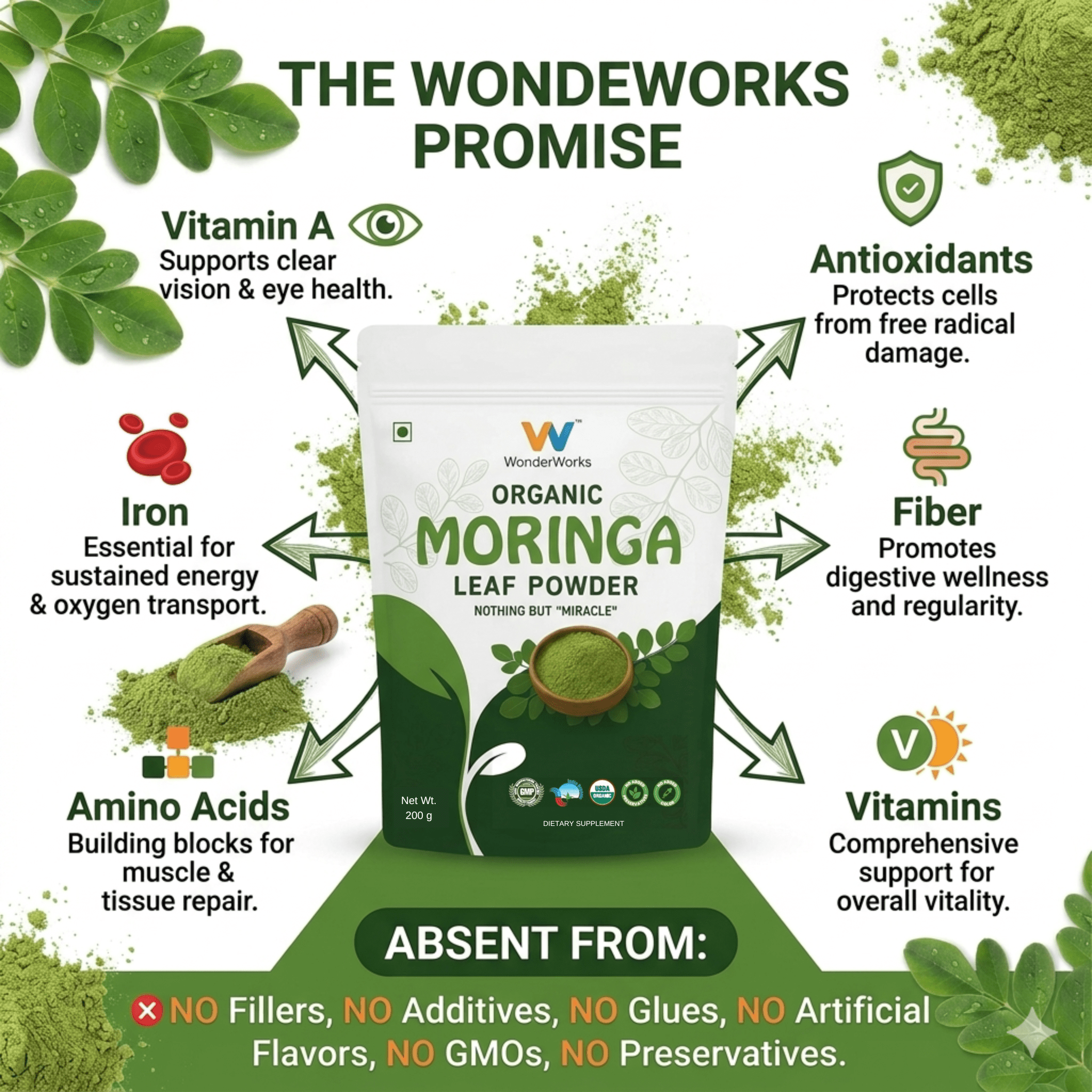 Wonderworks™ Organic moringa leaf powder- USDA certified | Made with pure moringa leaves | Immunity & Energy Booster | Vegan | Gluten-Free | 200 g - Image 14