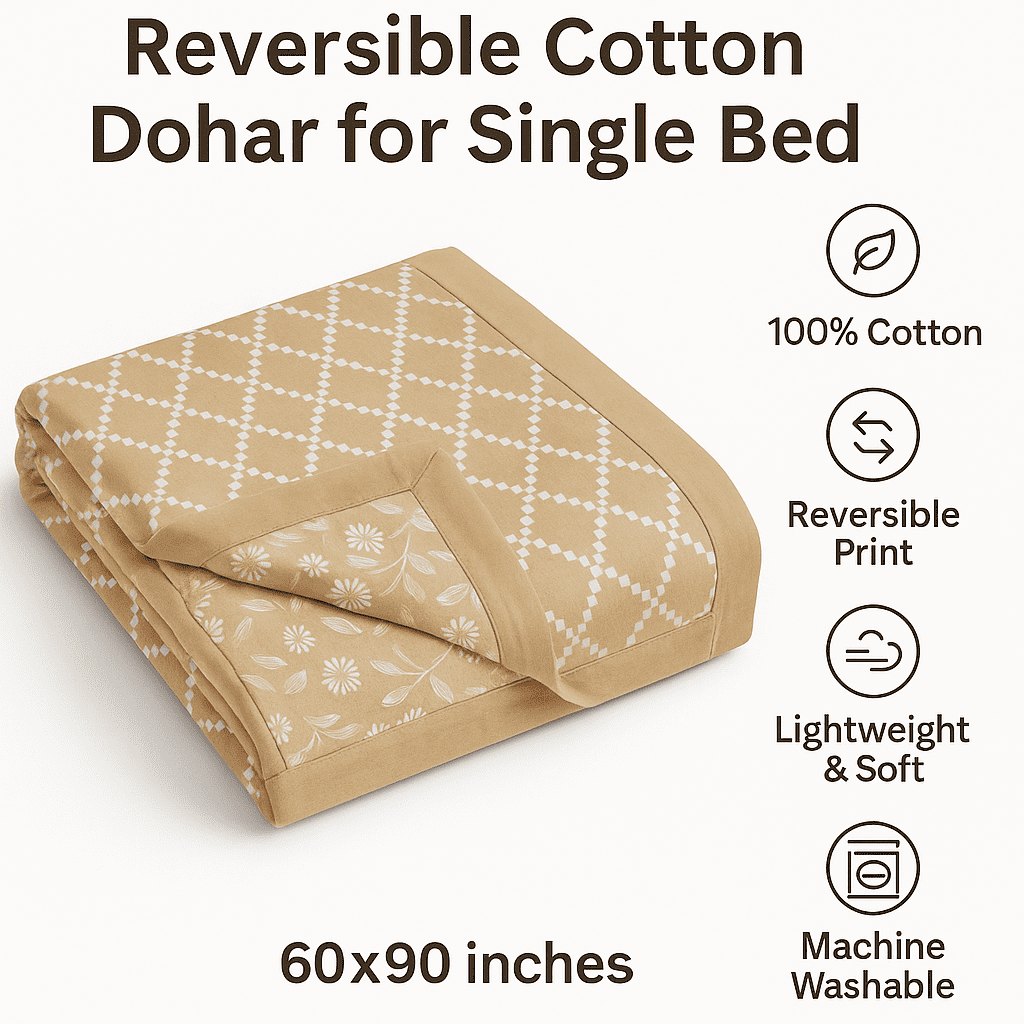 WonderWorks 100% Cotton Single Bed Dohar | Soft & Lightweight AC Blanket for All Weather | Reversible Design | 60 x 90 in. | Skin-Friendly | Ideal for Gift (Beige Geometric Reversible) - Image 5