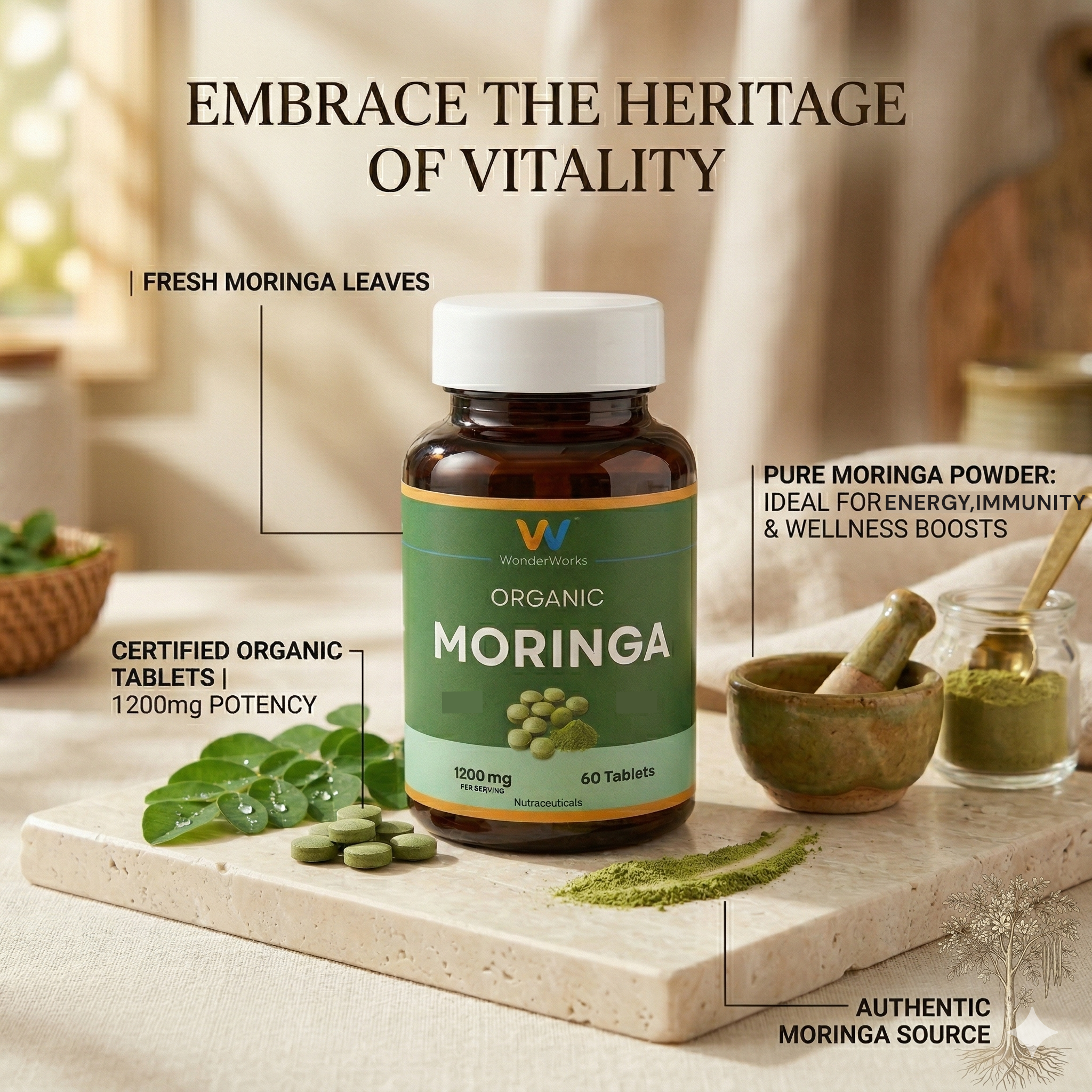 Wonderwork™ Organic Moringa Tablets – 1200mg Per Serving | Natural Energy, Immune Support & Detox | Rich in Vitamins, Minerals & Antioxidants | Non-GMO, Vegan, Gluten-Free | 60 Tablets - Image 8