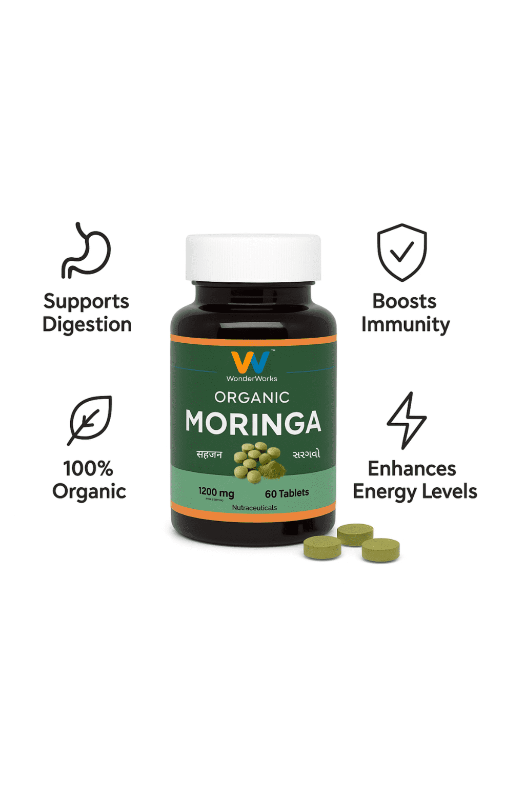 Wonderwork™ Organic Moringa Tablets – 1200mg Per Serving | Natural Energy, Immune Support & Detox | Rich in Vitamins, Minerals & Antioxidants | Non-GMO, Vegan, Gluten-Free | 60 Tablets - Image 5