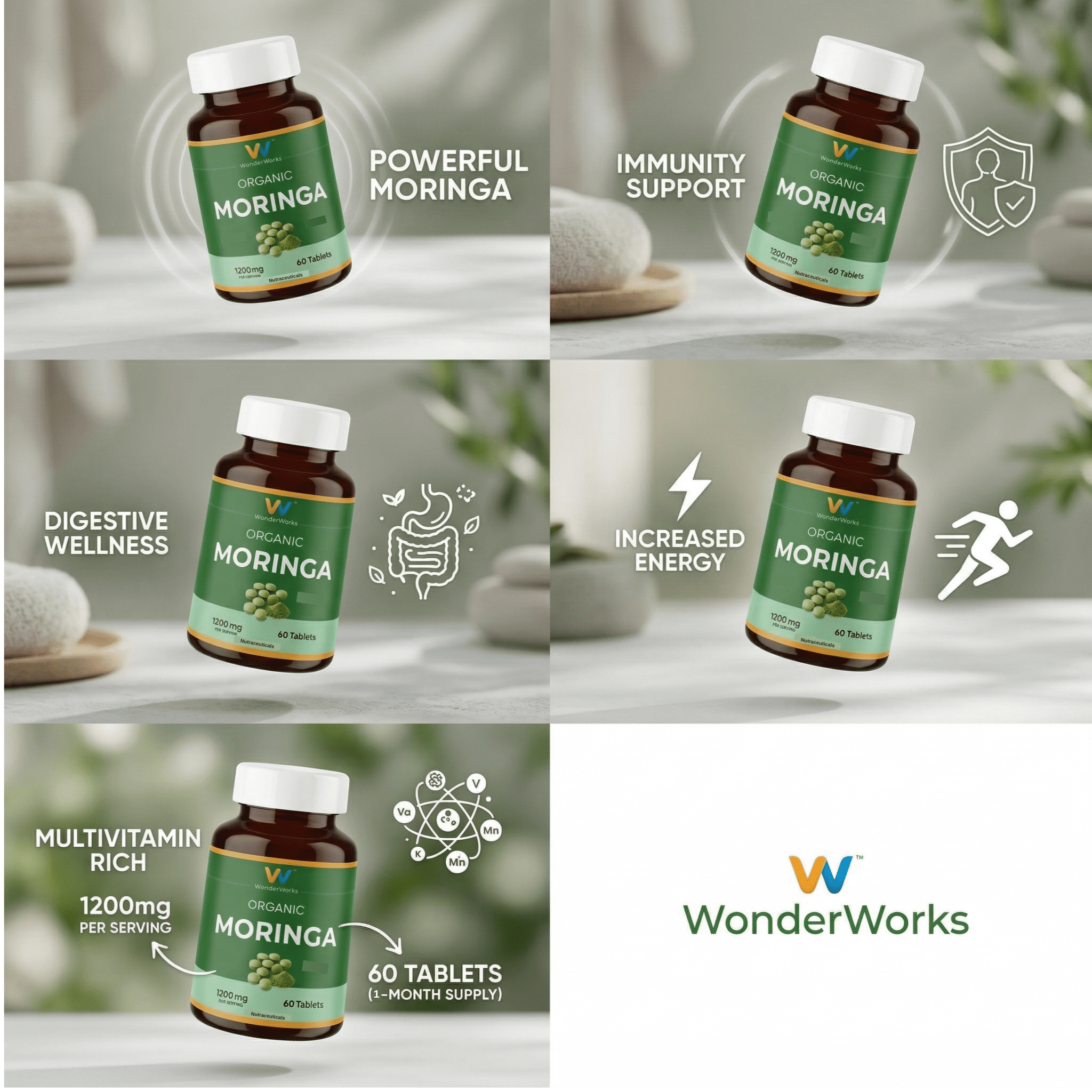 Wonderwork™ Organic Moringa Tablets – 1200mg Per Serving | Natural Energy, Immune Support & Detox | Rich in Vitamins, Minerals & Antioxidants | Non-GMO, Vegan, Gluten-Free | 60 Tablets - Image 2