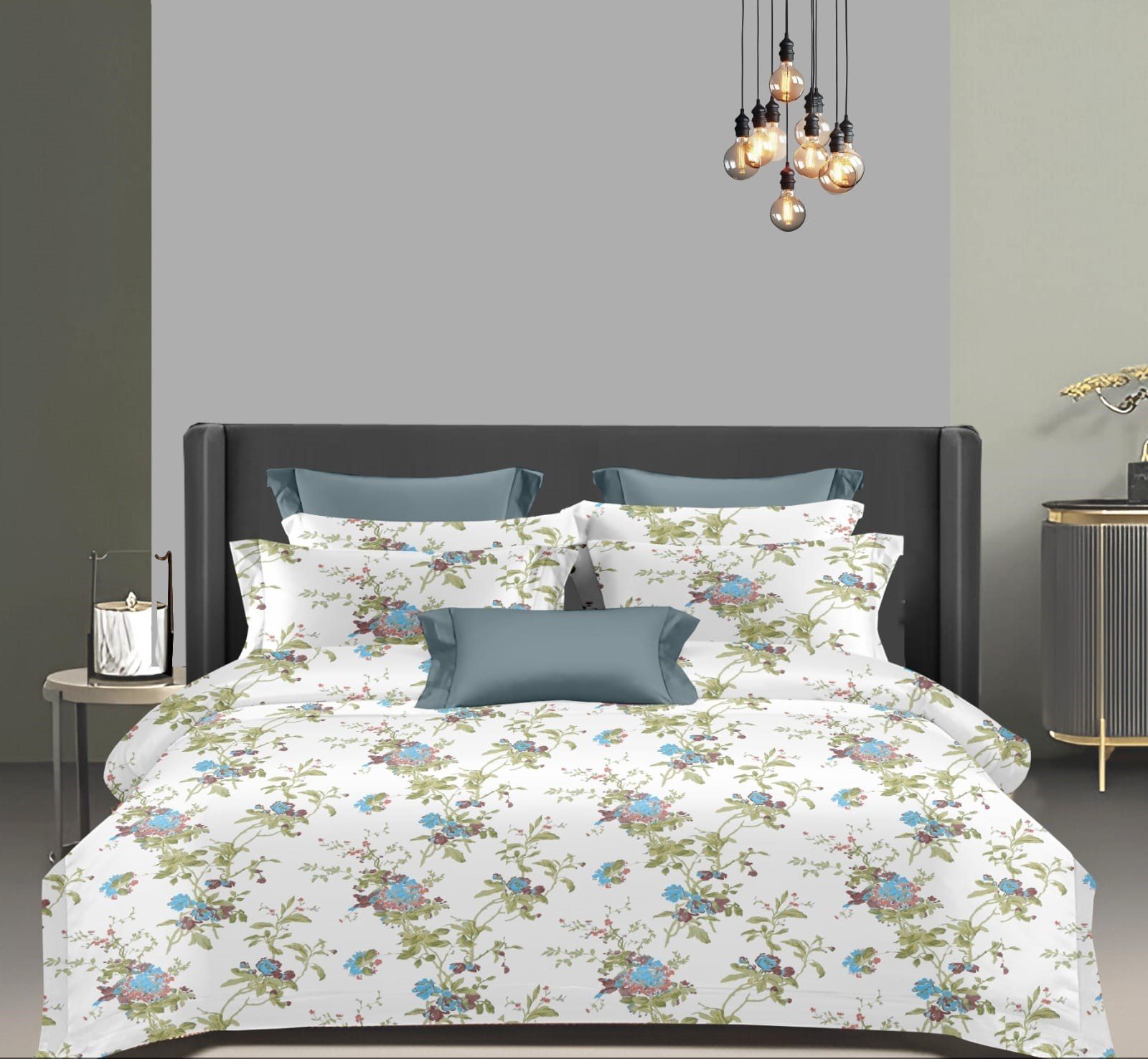 Wonderworks™ Cotton Bed Sheet for King Size Bed, 1 King Size Bedsheet Cotton (108 x 108 Inches) with 2 Pillow Covers, Premium 200 TC Bedsheet for Double Bed King Size, XXL Super King, Garden Grace (Blue)