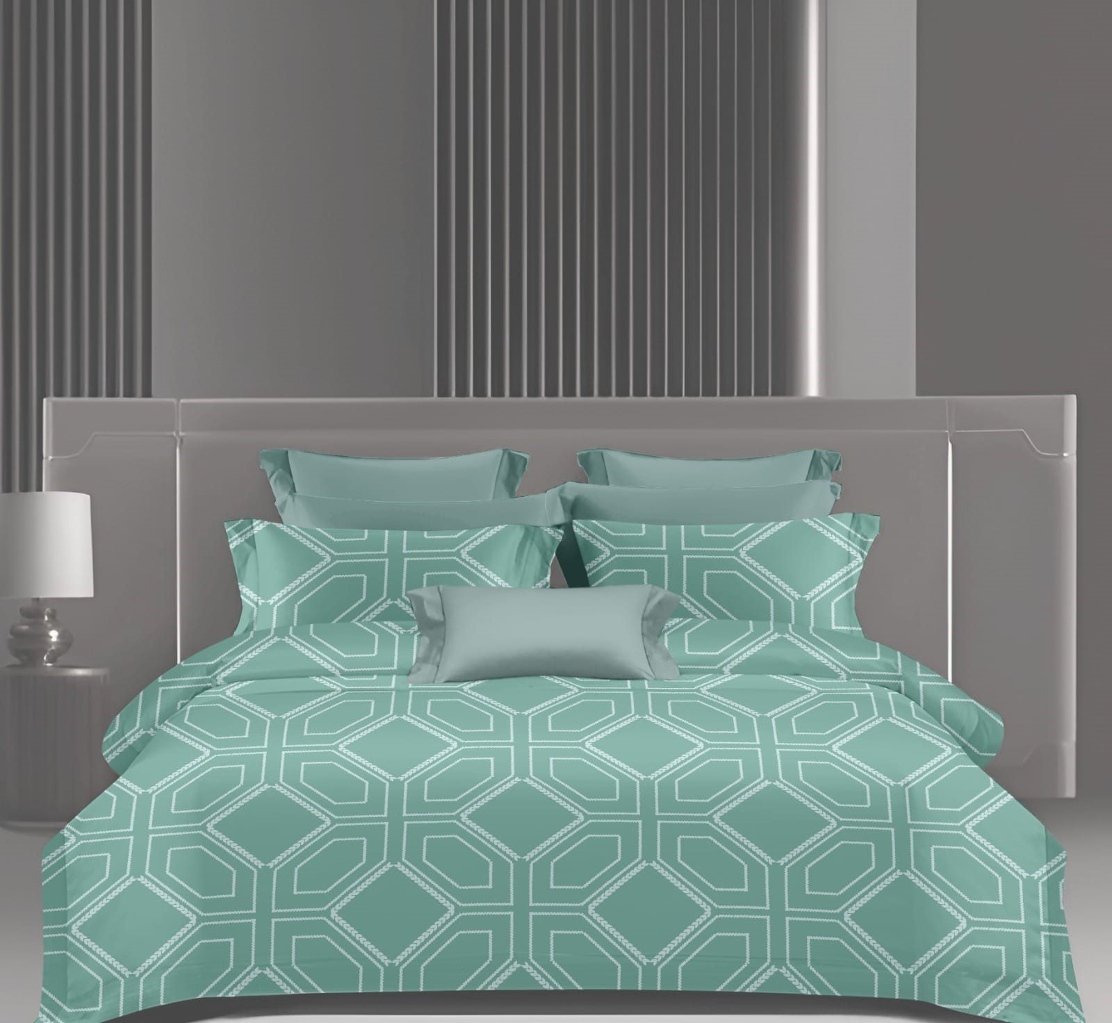 Wonderworks™ Cotton Bed Sheet for King Size Bed, 1 King Size Bedsheet Cotton (108 x 108 Inches) with 2 Pillow Covers, Premium 300 TC Bedsheet for Double Bed King Size, XXL Super King, Geometric (Sea Green)